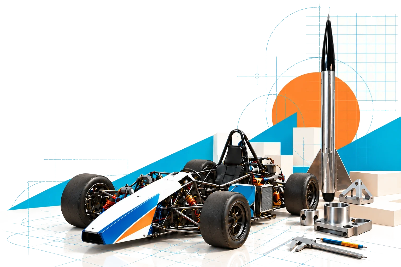 Illustration of a formula-style race car and a rocket surrounded by machined parts and blueprint linework